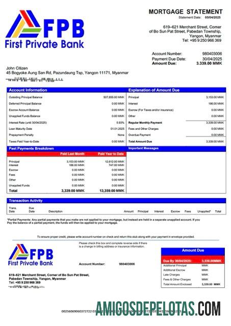 em branco Modelo Word e PDF de declaração de hipoteca do primeiro banco privado de Mianmar